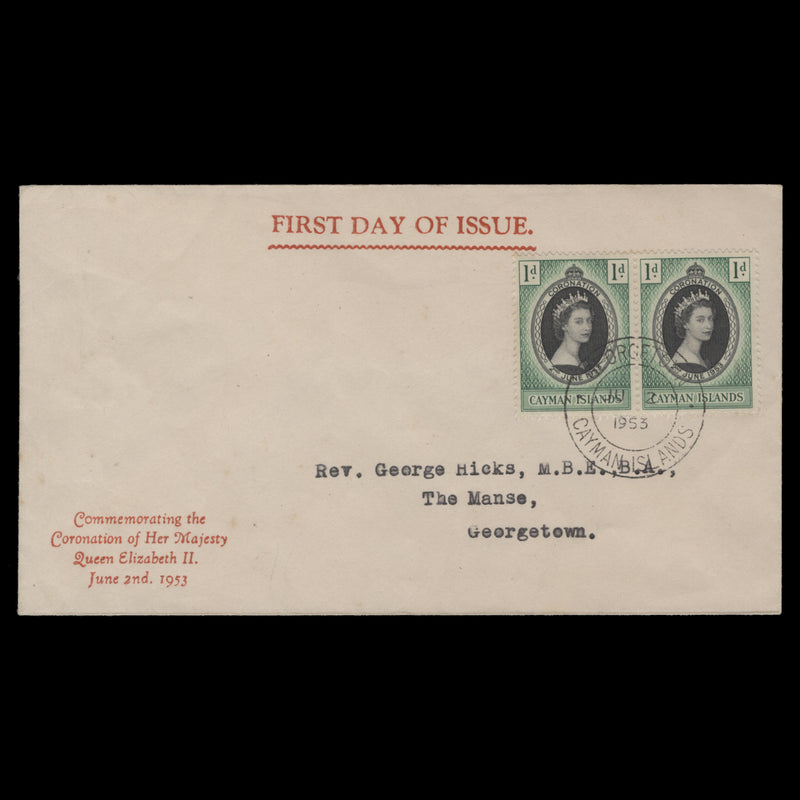 Cayman Islands 1953 (FDC) 1d Coronation pair, GEORGETOWN