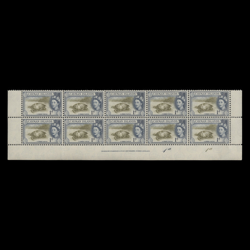 Cayman Islands 1954 (MNH) 1d Green Turtle imprint/plate 1a–1a bloc