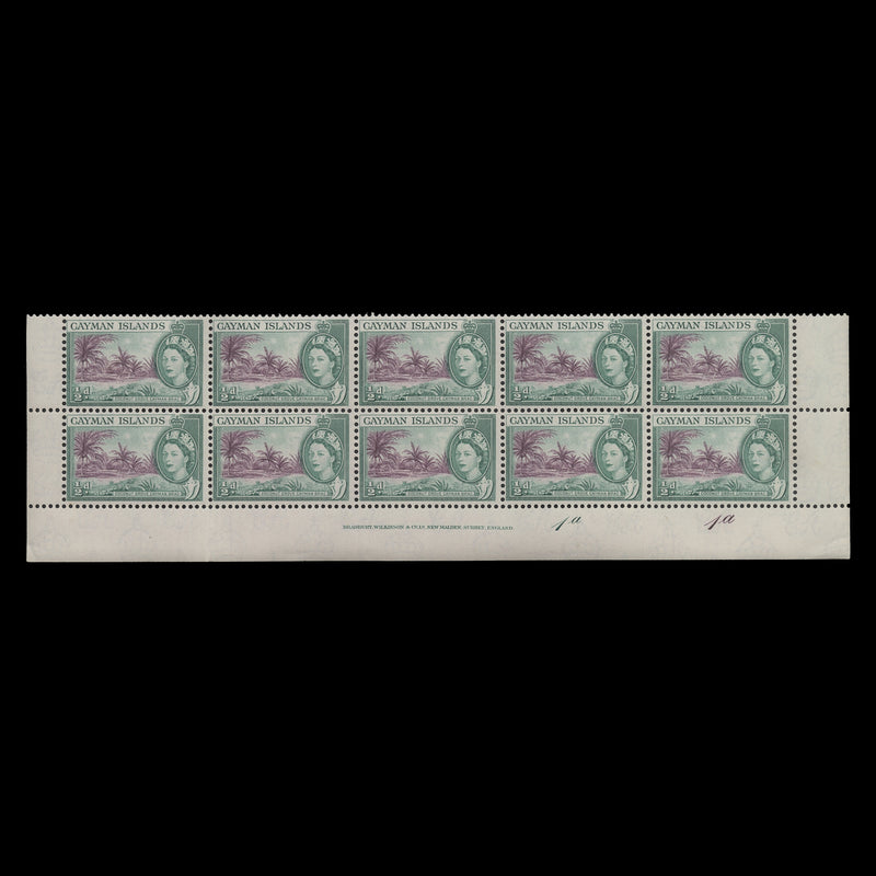 Cayman Islands 1954 (MNH) ½d Coconut Grove imprint/plate 1a–1a block