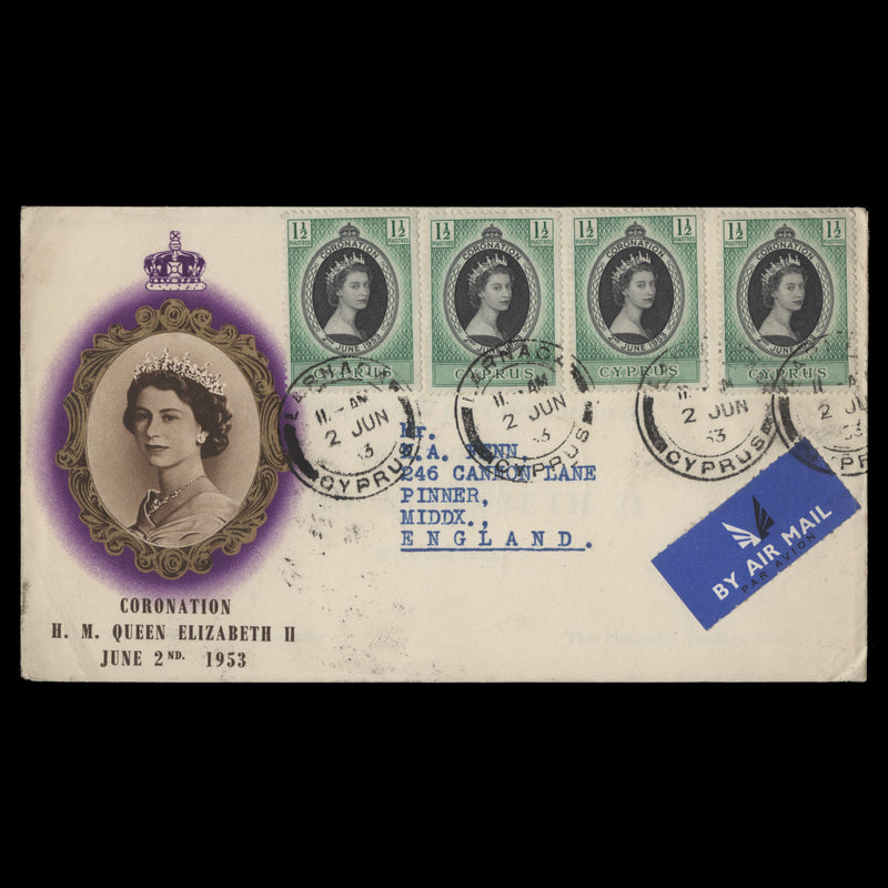 Cyprus 1953 (FDC) 1½p Coronation singles, LARNACA