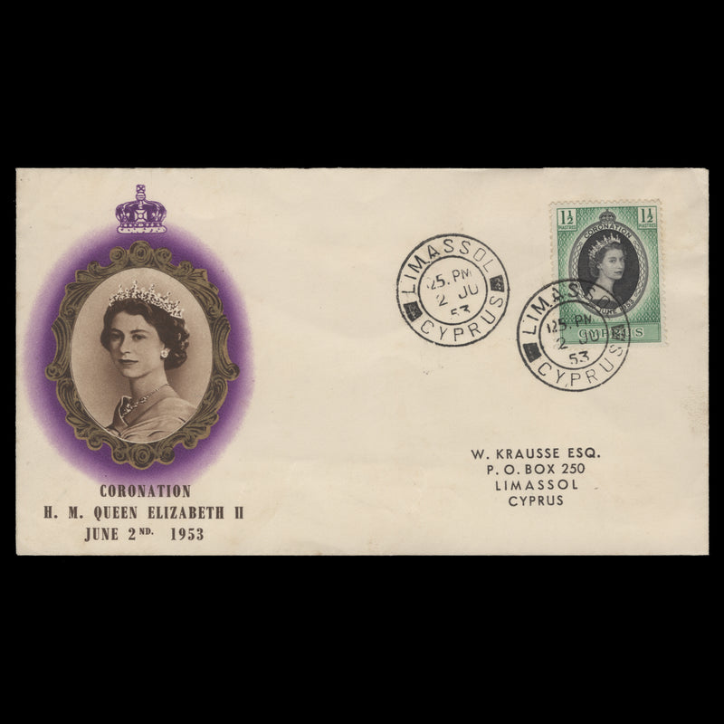 Cyprus 1953 (FDC) 1½p Coronation, LIMASSOL