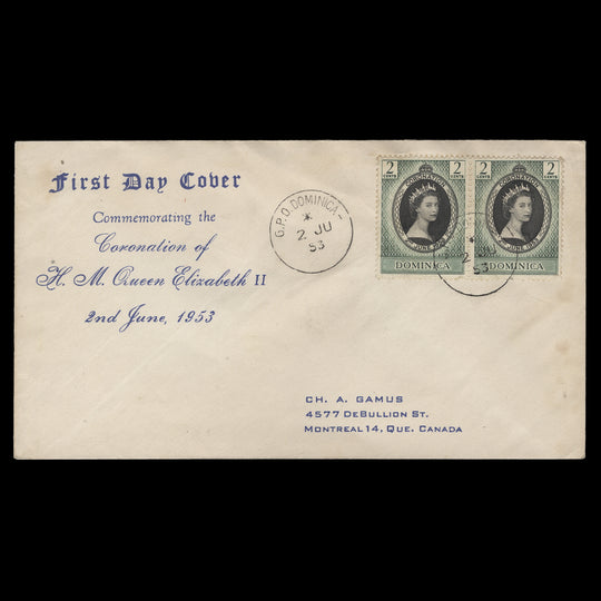 Dominica 1953 (FDC) 2c Coronation pair, GPO