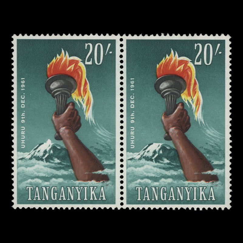 Tanganyika 1961 (Variety) 20s Freedom Torch pair with mountain flaw
