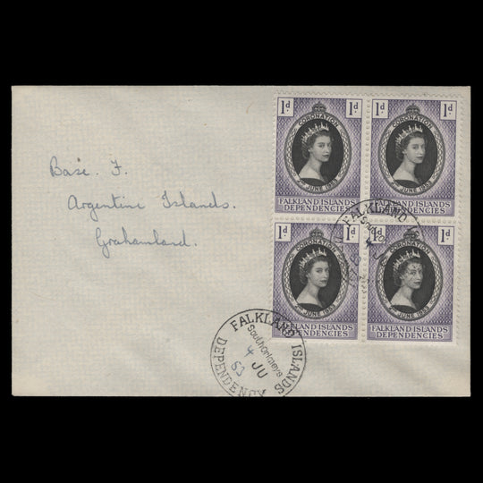 Falkland Islands Dependencies 1953 (FDC) 1d Coronation block, South Orkneys