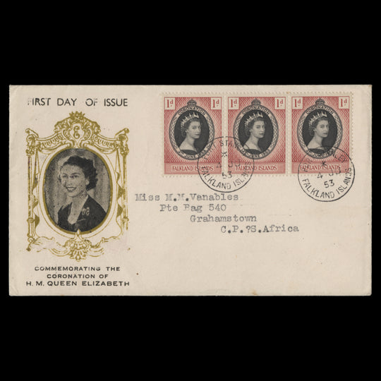 Falkland Islands 1953 (FDC) 1d Coronation strip, PORT STANLEY