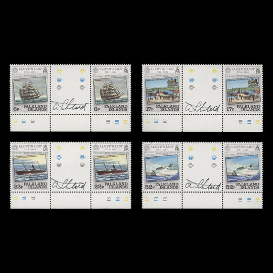 Falkland Islands 1984 (MNH) Lloyd's List Anniversay signed gutter pairs