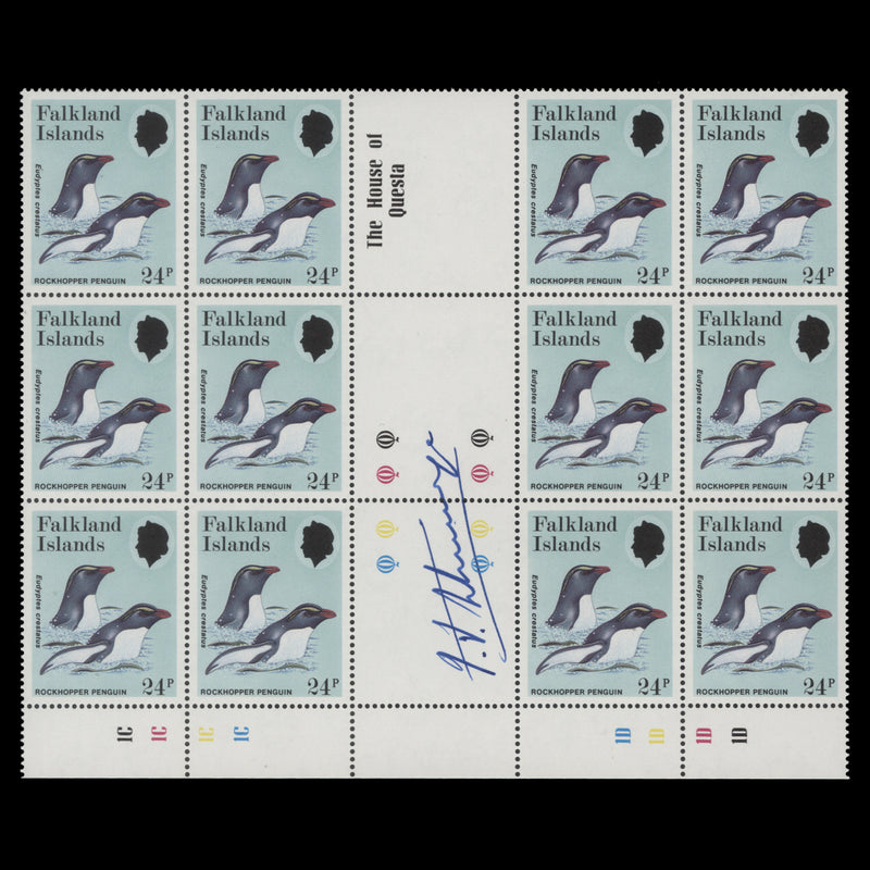 Falkland Islands 1986 (MNH) 24p Rockhopper Penguin block signed by designer