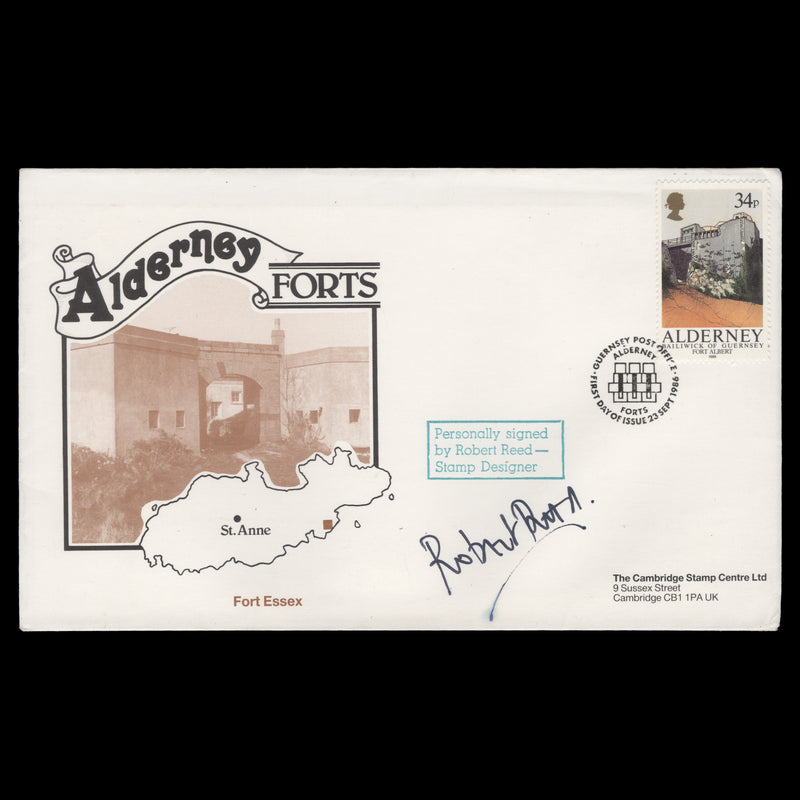 Alderney 1986 Forts first day cover signed by designer