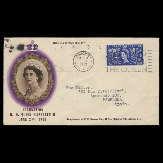 Great Britain 1953 (FDC) 4d Coronation, LONDON WI