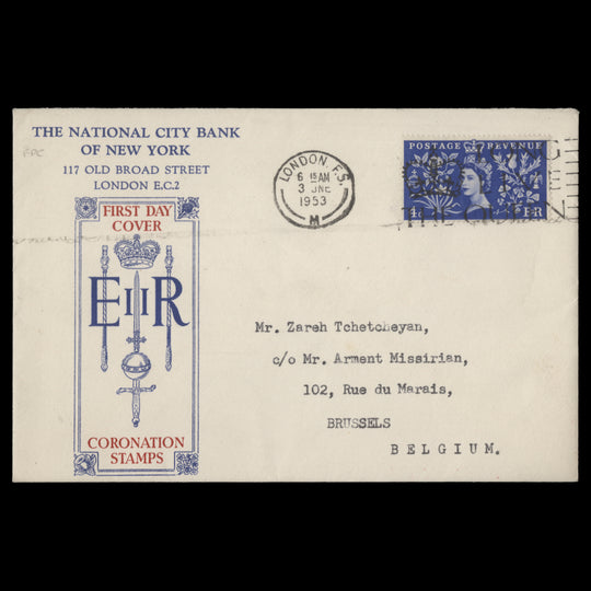 Great Britain 1953 (FDC) 4d Coronation, LONDON FS