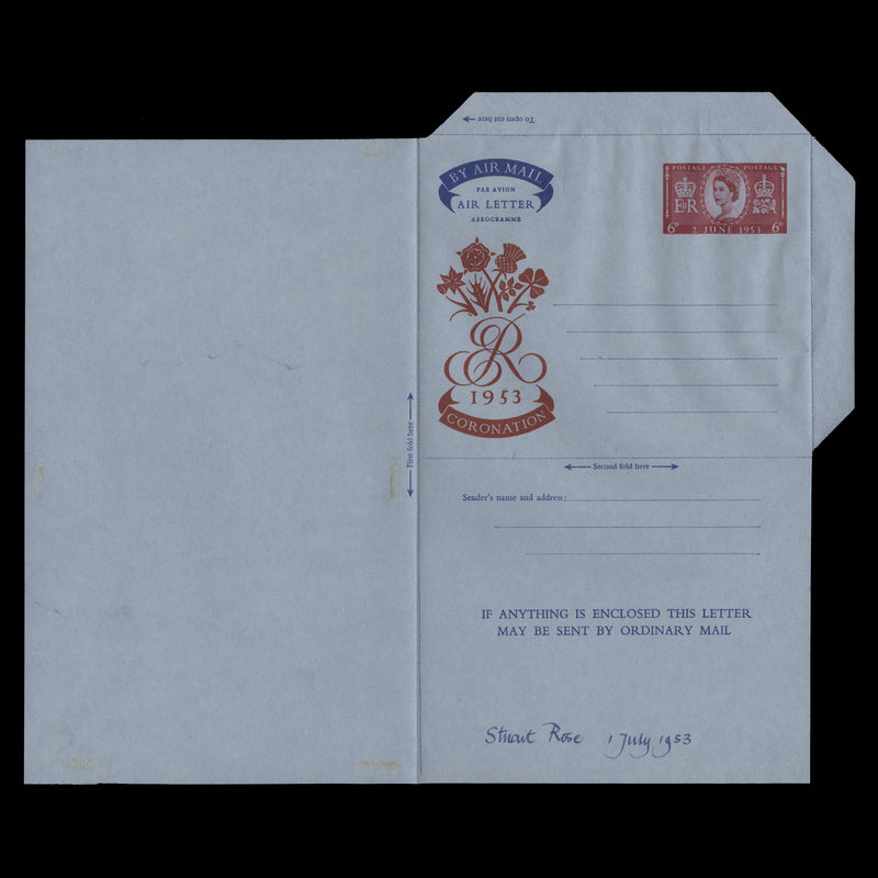 Great Britain 1953 Coronation air letter signed by designer Stuart Rose