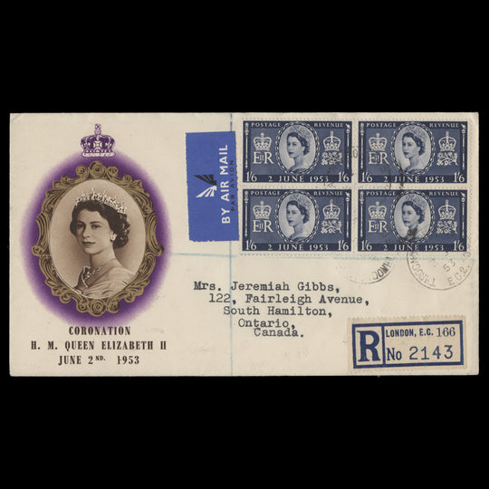 Great Britain 1953 (FDC) 1s6d Coronation block, THROGMORTON AVENUE