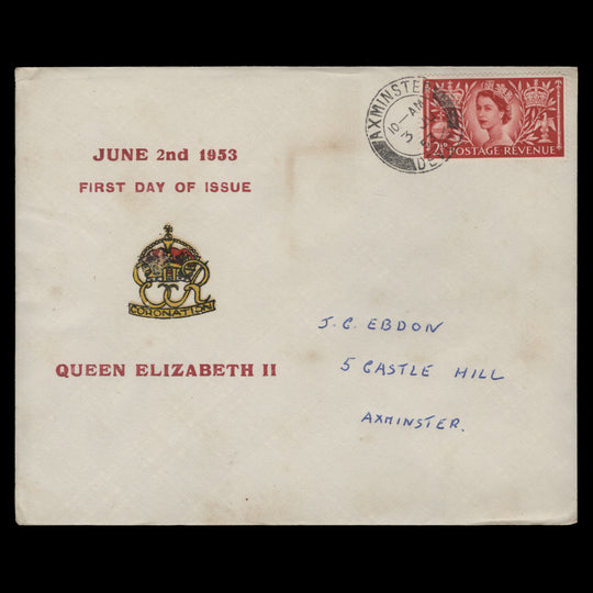 Great Britain 1953 (FDC) 2½d Coronation, AXMINSTER