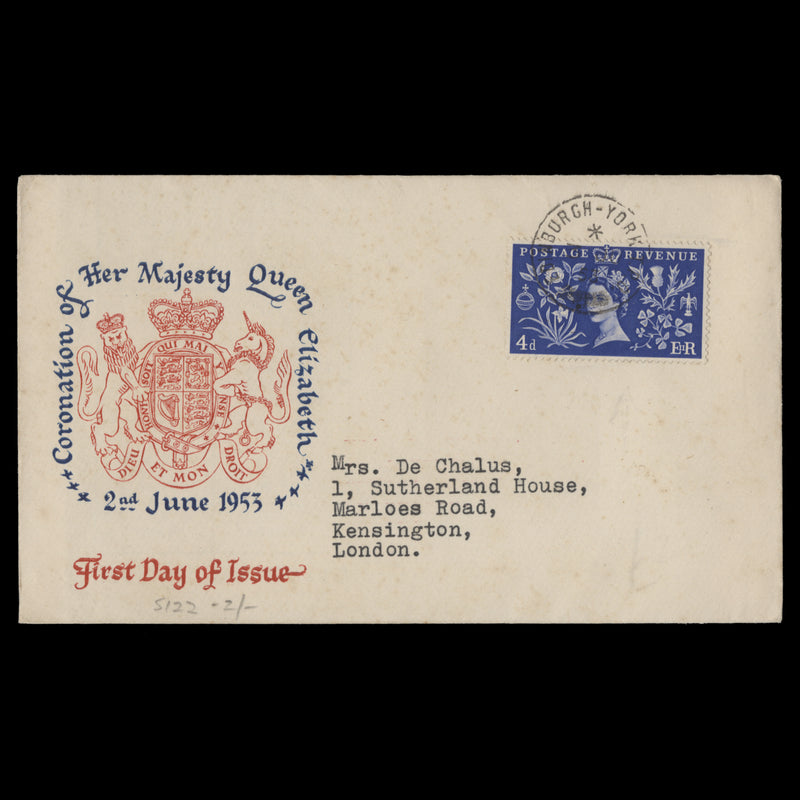 Great Britain 1953 (FDC) 4d Coronation, EDINBURGH-YORK TPO