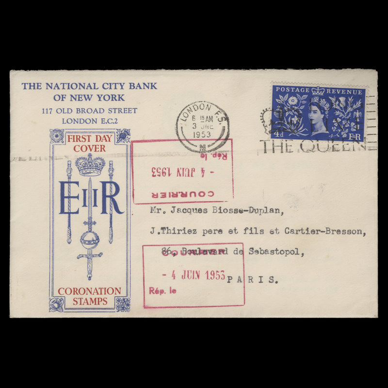 Great Britain 1953 (FDC) 4d Coronation, LONDON FS