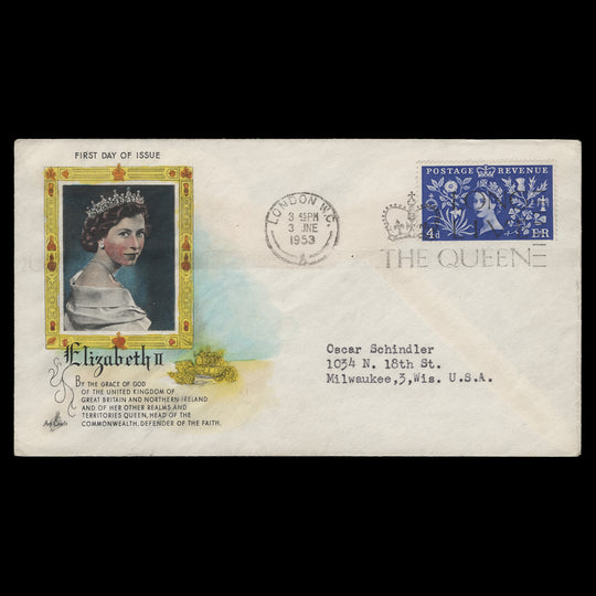 Great Britain 1953 (FDC) 4d Coronation, LONDON WC
