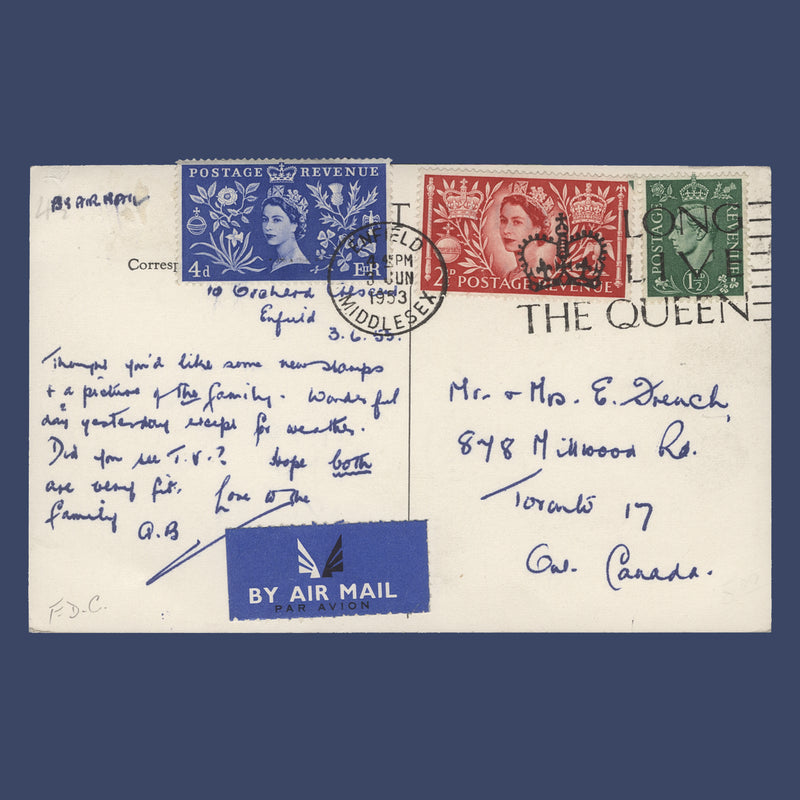 Great Britain 1953 Coronation first day postcard, ENFIELD  Media 1 of 2