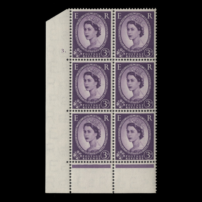 Great Britain 1954 (MNH) 3d Deep Lilac cylinder 3. block, E/P, Tudor crow