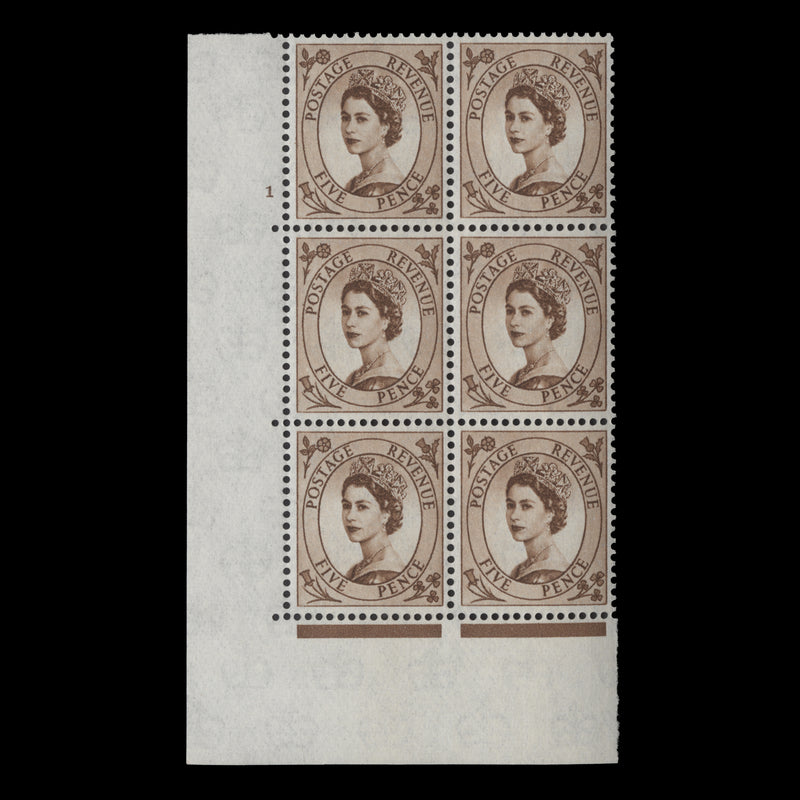 Great Britain 1958 (MNH) 5d Brown cylinder 1 block, multiple crowns