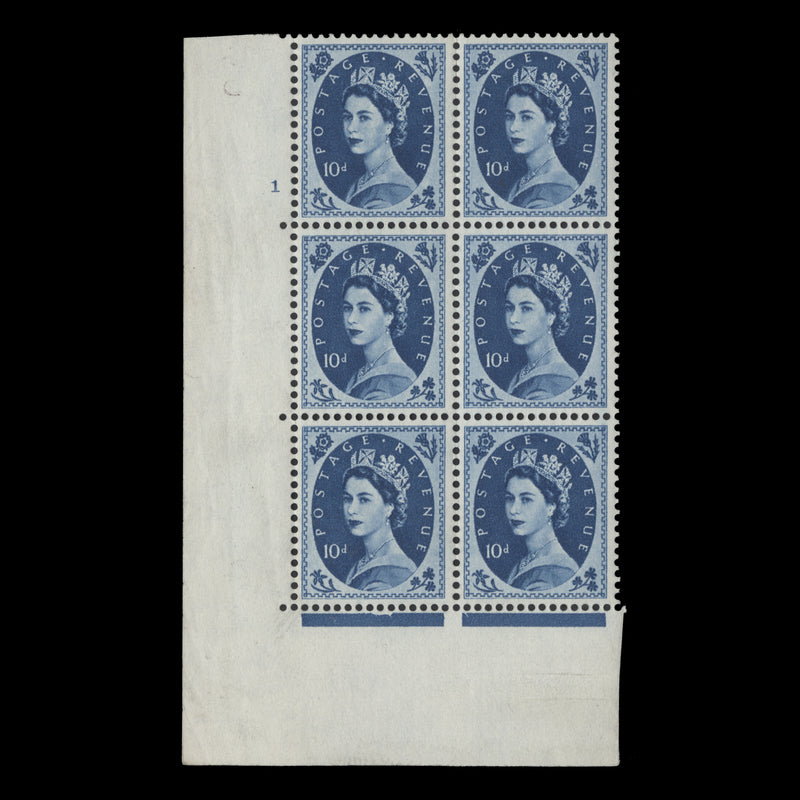 Great Britain 1958 (MLH) 10d Prussian Blue cylinder 1 block, multiple crowns