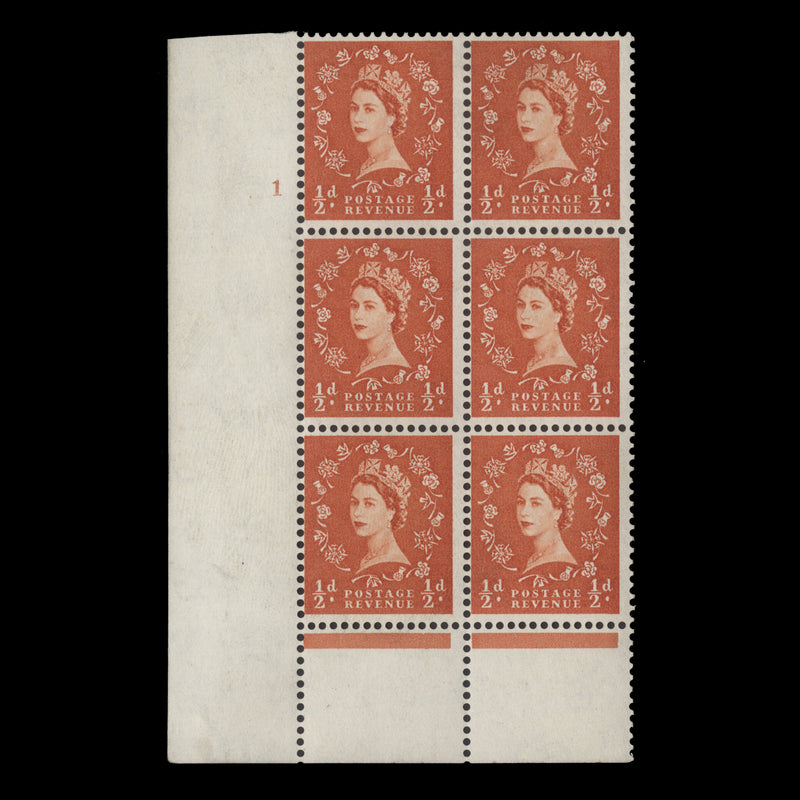 Great Britain 1958 (MLH) ½d Orange-Red cylinder 1 block, I/P, multiple crowns