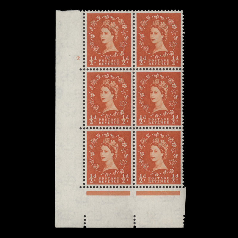 Great Britain 1958 (MLH) ½d Orange-Red cylinder 1 block, E/I, multiple crowns