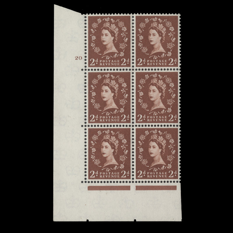 Great Britain 1958 (MLH) 2d Light Red-Brown cylinder 20 block, multiple crowns