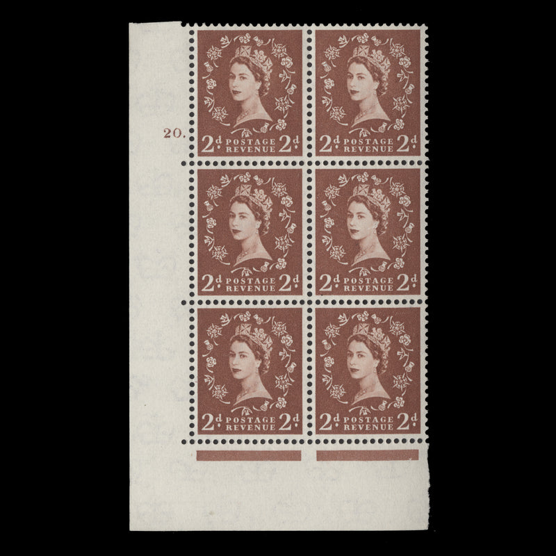 Great Britain 1958 (MLH) 2d Light Red-Brown cylinder 20. block, multiple crowns