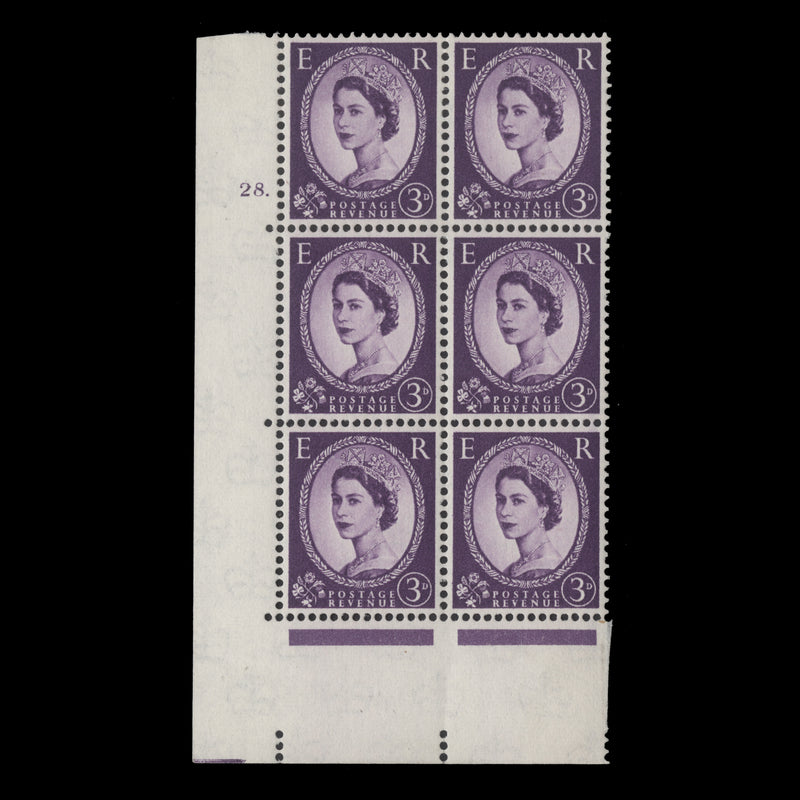 Great Britain 1958 (MLH) 3d Deep Lilac cylinder 28. block, multiple crowns