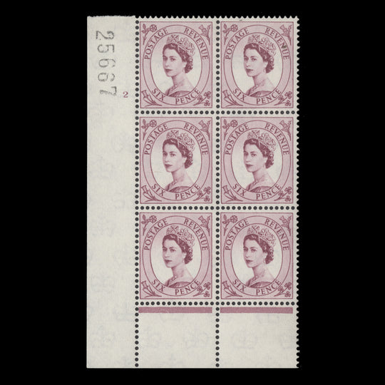 Great Britain 1958 (MLH) 6d Purple cylinder 2 block, multiple crowns