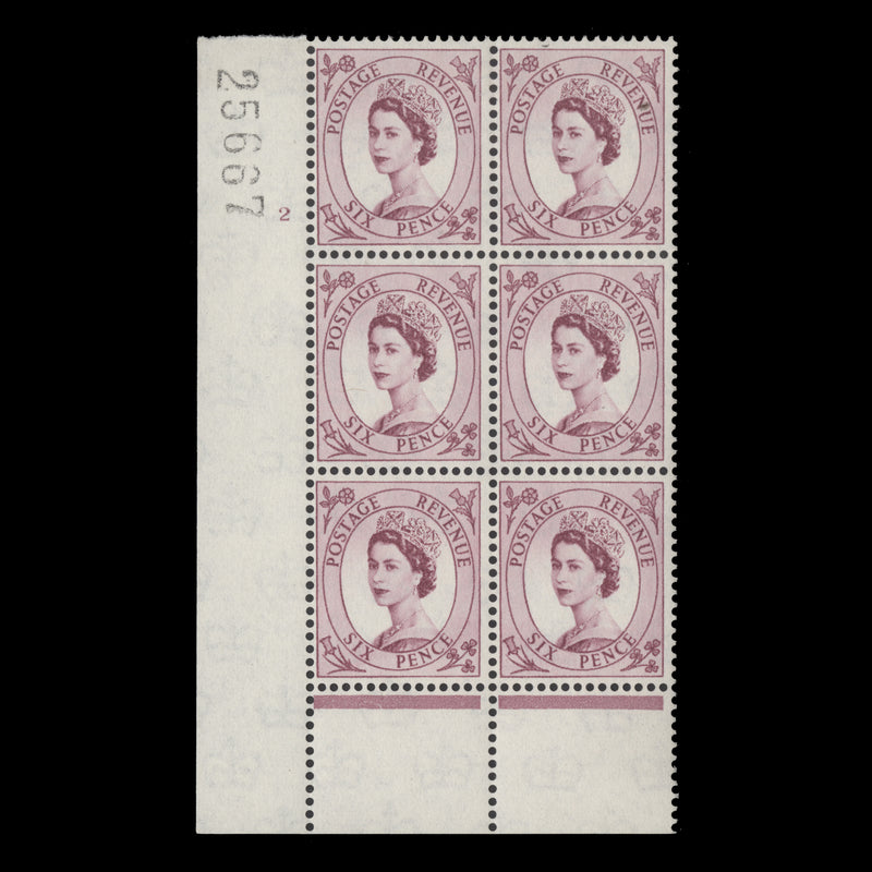 Great Britain 1958 (MLH) 6d Purple cylinder 2 block, multiple crowns