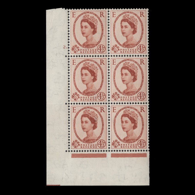 Great Britain 1959 (MLH) 4½d Chestnut cylinder 2. block, multiple crowns