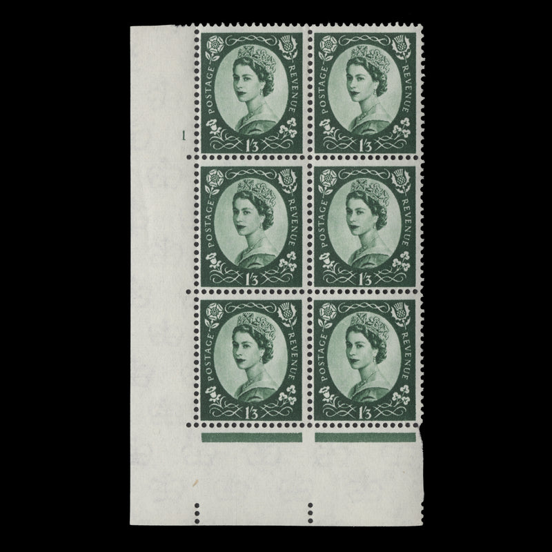 Great Britain 1959 (MLH) 1s3d Green cylinder 1 block, multiple crowns