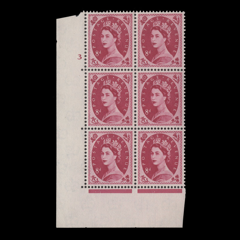 Great Britain 1960 (MLH) 8d Magenta cylinder 3 block, multiple crowns