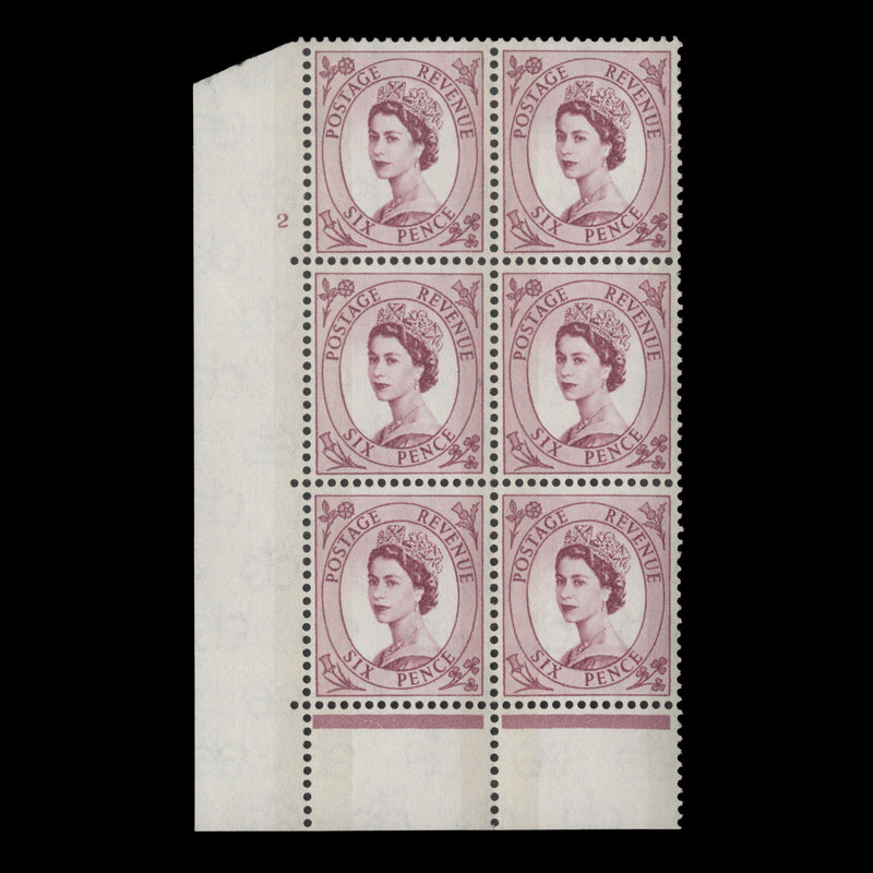 Great Britain 1960 (MLH) 6d Deep Claret cylinder 2 block, E/P, phosphor