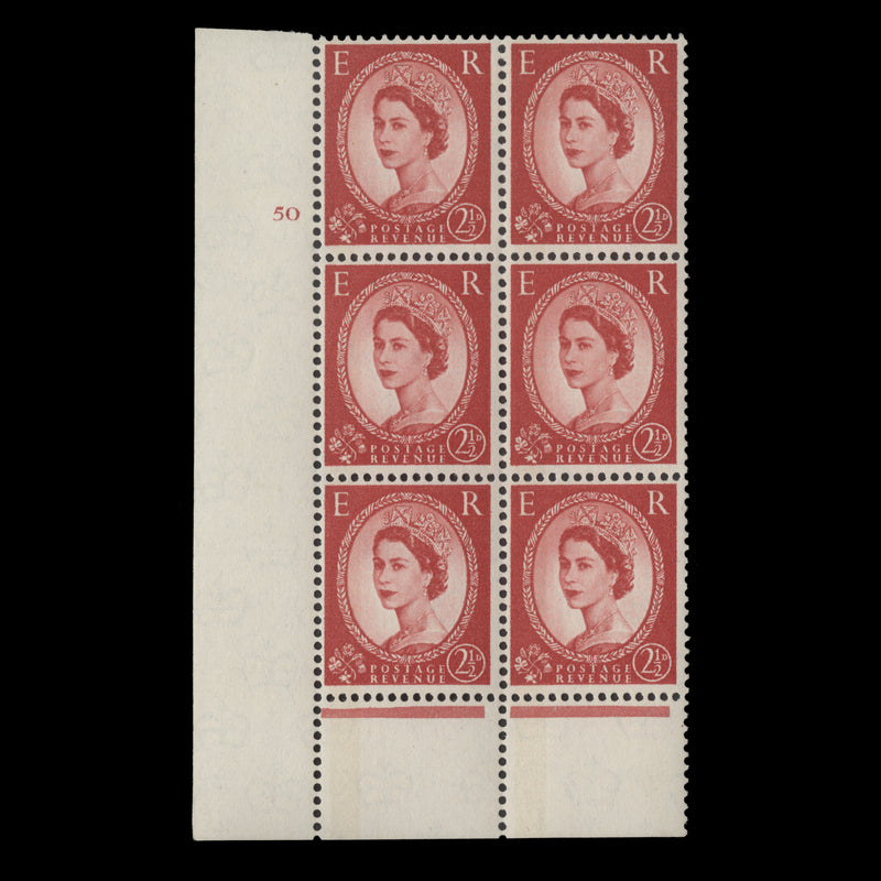 Great Britain 1961 (MNH) 2½d Carmine-Red cylinder 50 block, I/P, phosphor