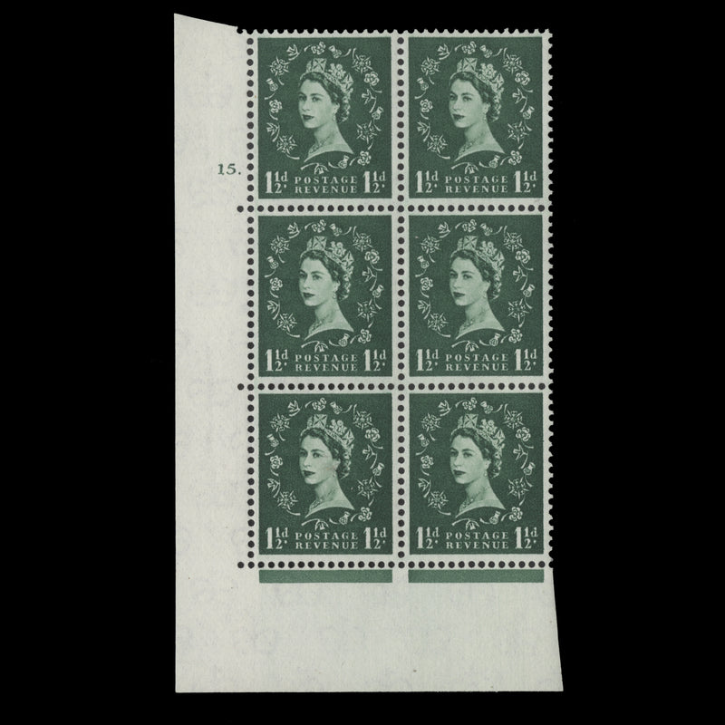 Great Britain 1962 (MLH) 1½d Green cylinder 15. block, multiple crowns