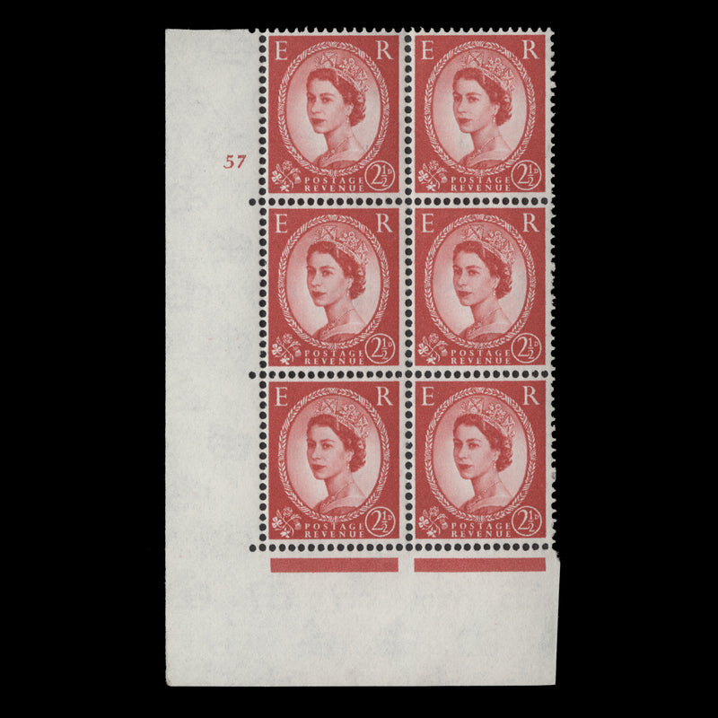 Great Britain 1962 (MLH) 2½d Carmine-Red cylinder 57 block, multiple crowns