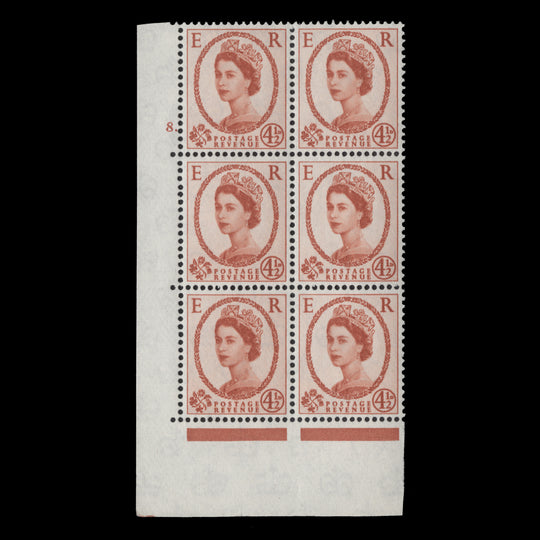 Great Britain 1962 (MLH) 4½d Chestnut cylinder 8. block, multiple crowns