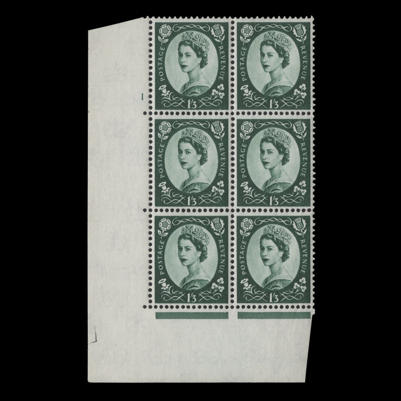 Great Britain 1962 (MLH) 1s3d Green cylinder 1 block, multiple crowns