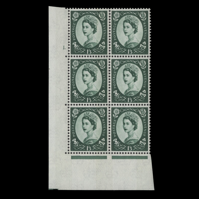 Great Britain 1963 (MLH) 1s3d Green cylinder 1. block, E/I, phosphor