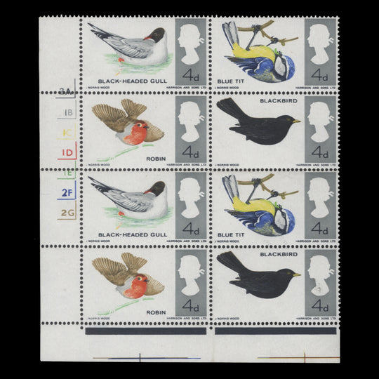 Great Britain 1966 (Variety) 4d British Birds ordinary block missing reddish brown