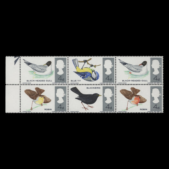 Great Britain 1966 (Variety) 4d British Birds ordinary block missing red
