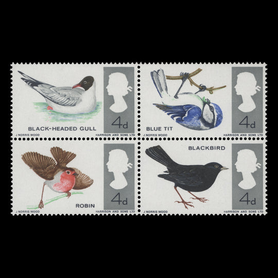 Great Britain 1966 (Variety) 4d British Birds ordinary block missing greenish yellow
