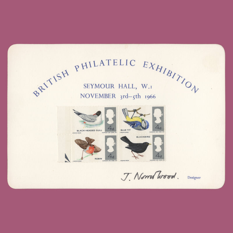 Great Britain 1966 British Birds phosphor block on signed presentation card