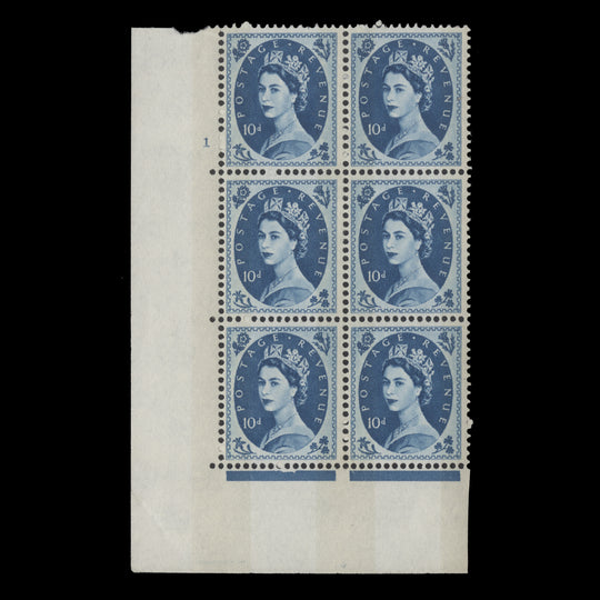 Great Britain 1966 (MNH) 10d Prussian Blue cylinder 1 block, E/I, phosphor