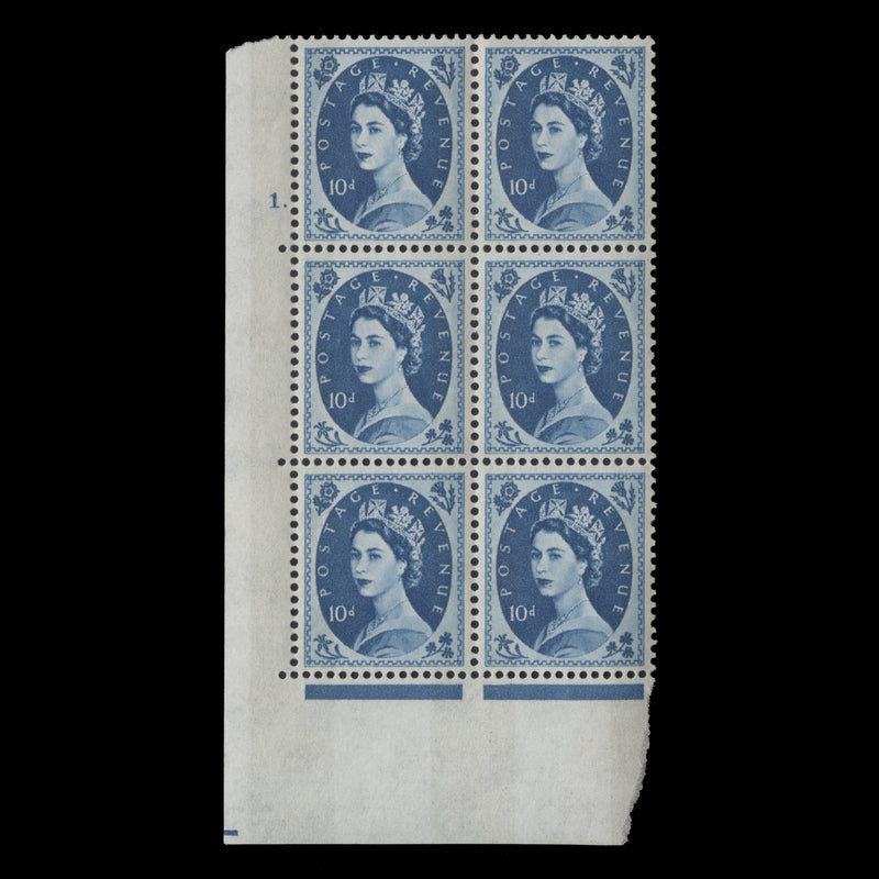 Great Britain 1966 (MNH) 10d Prussian Blue cylinder 1. block, E/I, phosphor