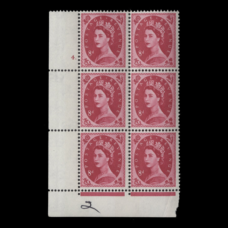 Great Britain 1967 (MNH) 8d Magenta cylinder 4. block, P/E, phosphor