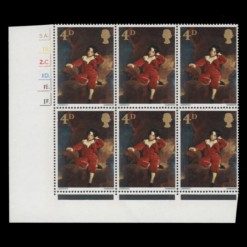 Great Britain 1967 (MNH) 4d British Paintings cylinder 5A.–1B.–2C.–1D.–1E.–1F. block
