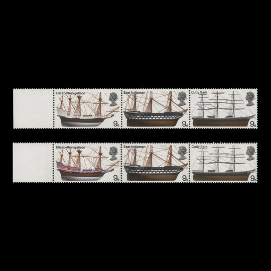 Great Britain 1969 (Variety) 9d British Ships strip missing blue, red and phosphor